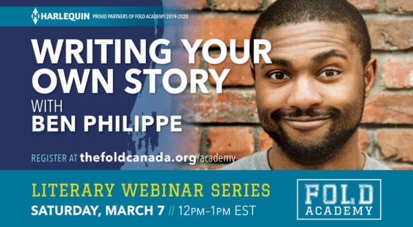 A young Black man with a goatee. White text spells out WRITING YOUR OWN STORY WITH BEN PHILIPPE