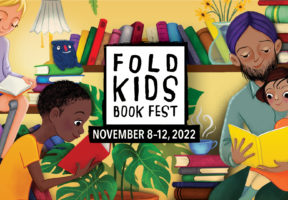 Colourful illustrated graphic showing a number of BIPIC children gathered around bookshelves reading books, with a father in a turban reading to his young daughter in his lap. Black and white logo in the centre of the graphic reads FOLD KIDS BOOK FEST, NOVEMBER 8 - 12, 2022.