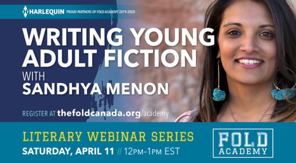 A photo of author Sandhya Menon. White text spells out WRITING YOUNG ADULT FICTION WITH SANDHYA MENON