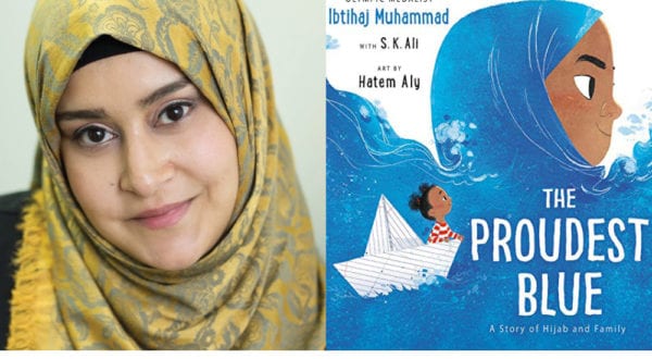 A photo of author SK ALi alongside the cover for her book, THE PROUDEST BLUE.