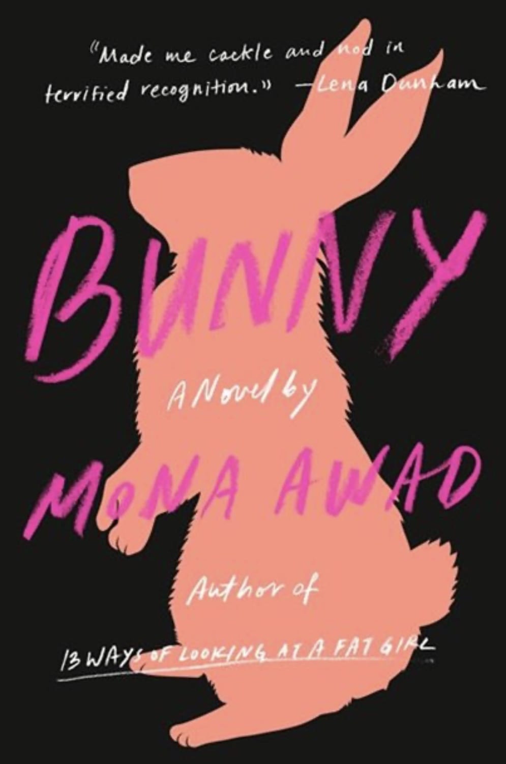The covr for Mona Awad's novel BUNNY, showcasing an outline of a pink bunny against a black background.