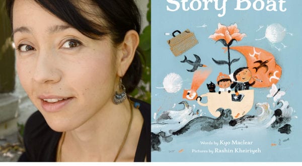 A photo of author Kyo Maclear alongside the cover for her children's book, STORY BOAT.