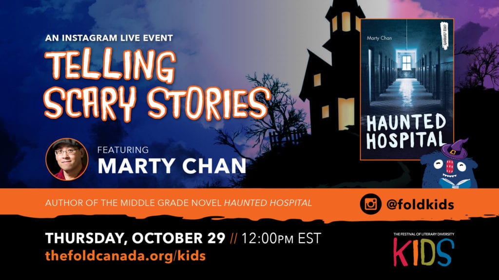 A graphic advertising the upcoming TELLING SCARY STORIES event put on by FOLD Kids.