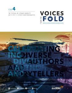 The cover for the 2019 Festival of Literary Diversity Program, showcasing a cityscape covered with a splash of blue and gold colour.