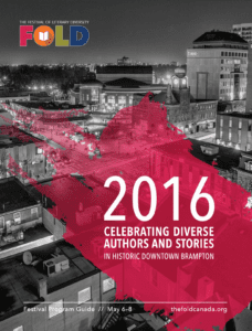 the cover for the 2016 FOLD Festival Program, showcasing a black and white cityscape overlaid by a splash of red colour. 