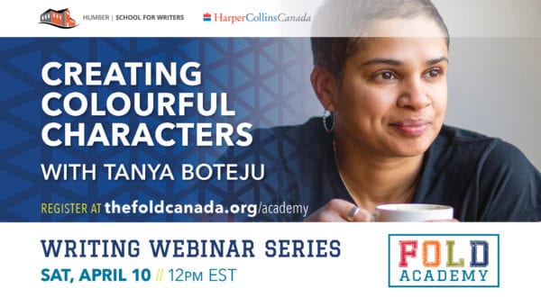 A young biracial woman with a shaved head holds a mug between her hands and smiles off in the distance. Blue and white text says CREATING COLOURFUL CHARACTERS WITH TANYA BOTEJU