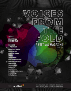Cover for the 2021 Festival of Literary Diversity Program. White text lists FESTIVAL SCHEDULE and PROGRAM CONTRIBUTORS: Minelle Mahtani, Adrian De Leon, ROwan McCandless, Jane SHi, Yohani Mendis, Ellen CHang-Richardson, Alexandra Hope Aurum, Susan Mockler, Samantha Jones, Barbara Tran, Jade Wallace, Sneha Subramanian Kanta, Luciana Erregue, and Phillip Crymble