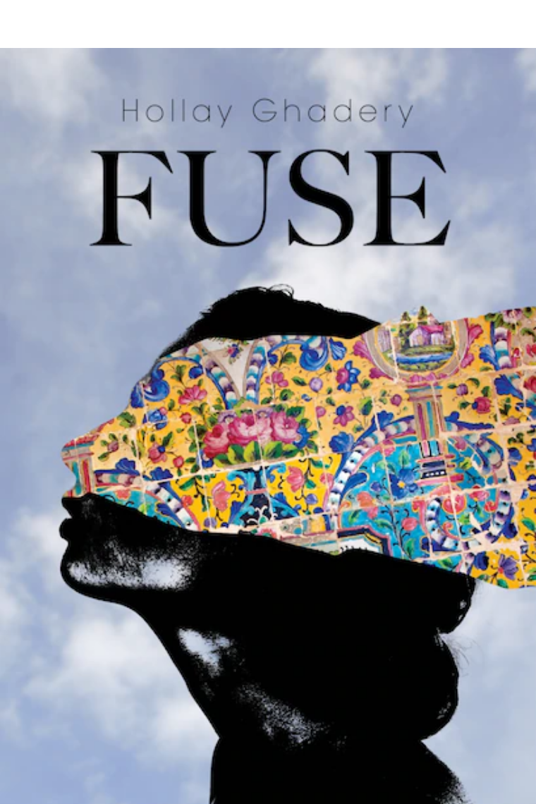 Cover for Hollay Ghadery's memoir FUSE, showing a black silhouette of a woman. Her face is partially obscured by a bright multi-coloured cloth.