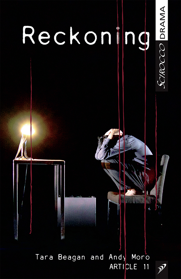 The cover for RECKONING, a trio of three short plays by Tara Beagan and Andy Moro, showing a youth curled in a chair on a dark stage. They are sitting in front of a light and have their head bowed.