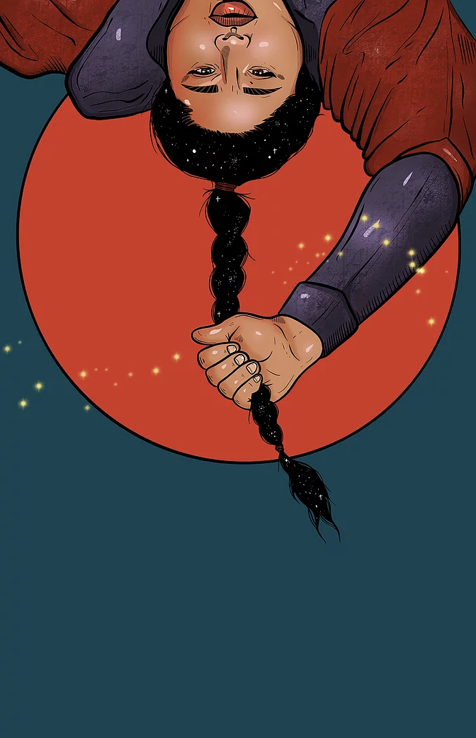 Cover photo for Yolanda Bonnell's theatre play bug, showing an upside-down portrait of an Indigenous person with a long dark braid. They hold their braid in one fist, and are standing against a large red moon.