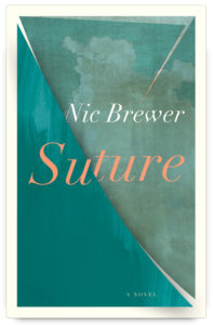 Cover image for the novel SUTURE, by NIc Brewer, showcasing two blue-grey pieces of paper with slits in them.