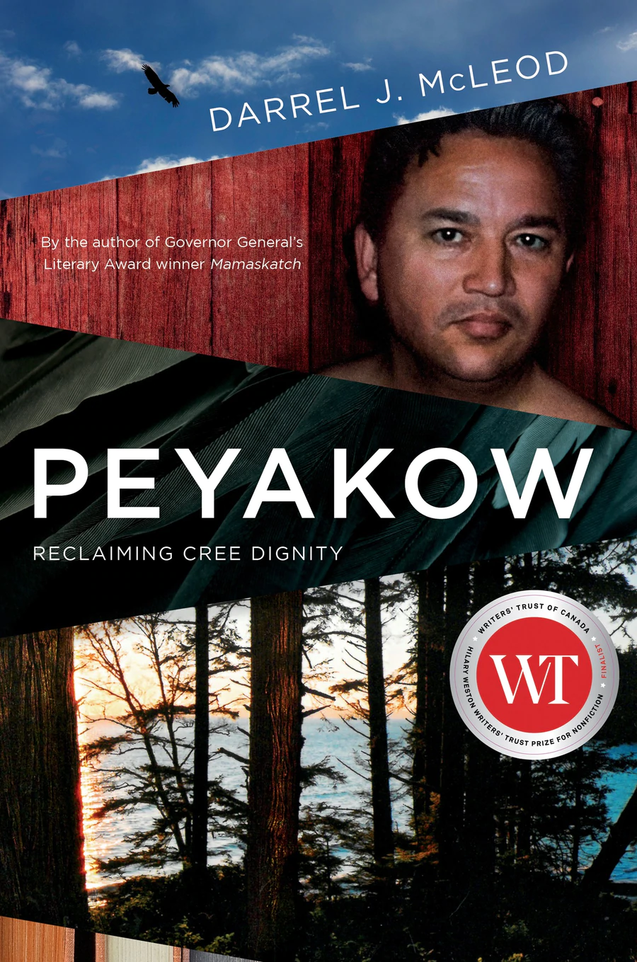 Cover image for PEKAYOW, by Darrel J. Mcleod, showcasing a headshot of an Indigenous man overtop of a landscape photo showing a copse of trees.