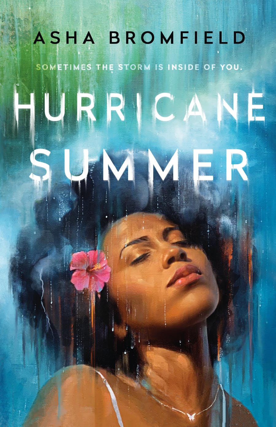 Cover image for Asha Bromfield's novel HURRICANE SUMMER. showing a young Black woman with a dark curly Afro closing her eyes and lifting her face to the sky. A pink flower is tucked into the hair behind her right ear.