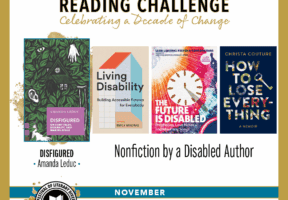 Promotional graphic for The FOLD Reading Challenge, November theme “Nonfiction by a Disabled Author,” featuring book covers of Disfigured, Living Disability, The Future Is Disabled, and How to Lose Everything.
